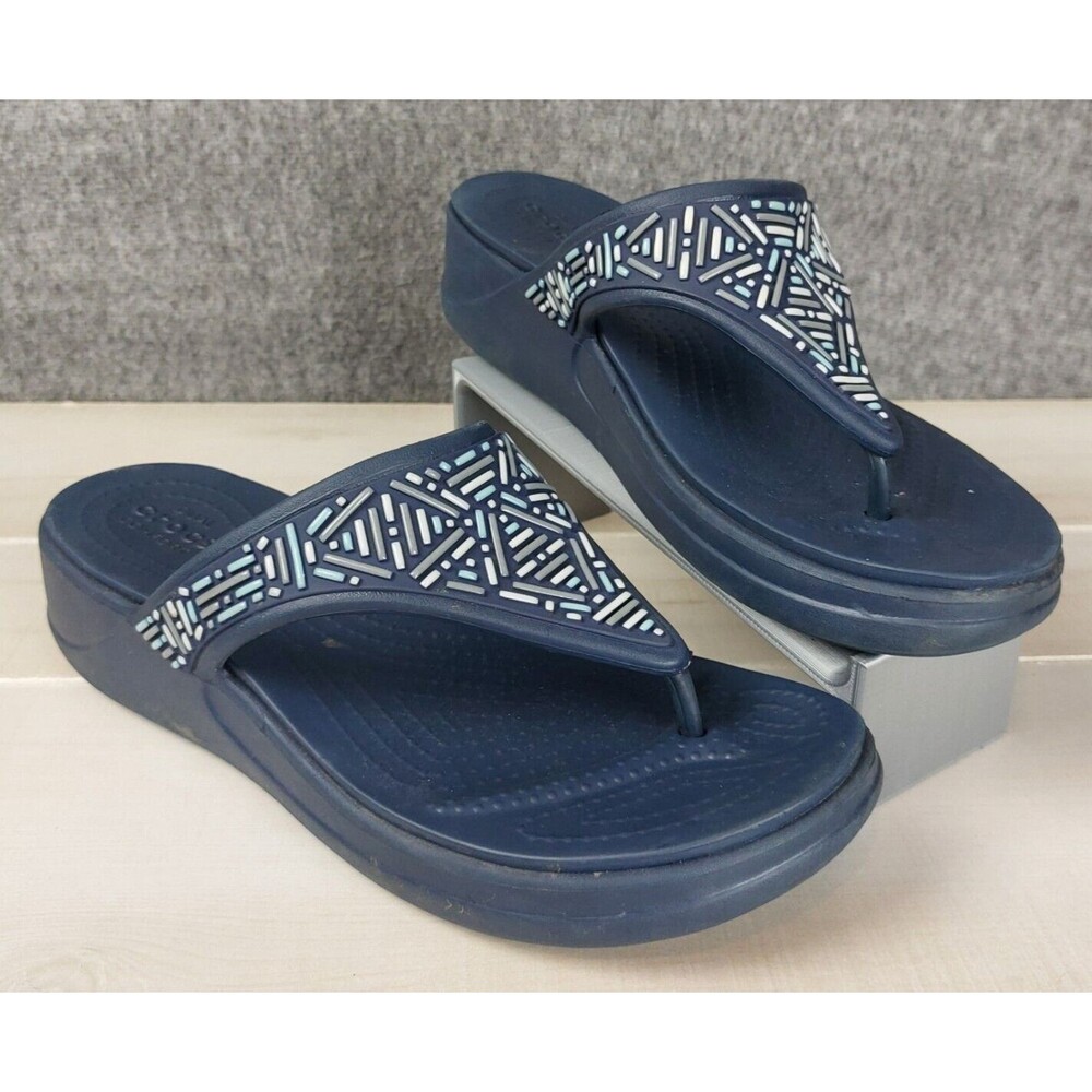 Crocs Monterey Beaded Embellished Wedge Flip Flop Sandal Womens 9 Navy Blue